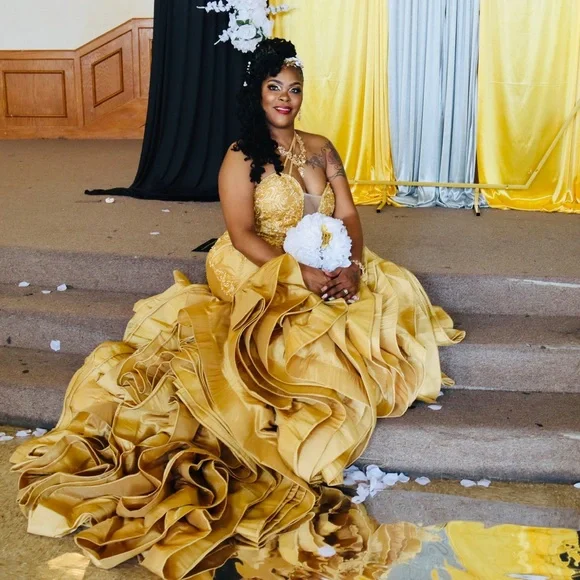 gold ship wedding dress Ivory And Gold Floral Embroidery Luxury Ball Gown Wedding Dress With Puff  Sleeves And Cathedral Trai on Luulla